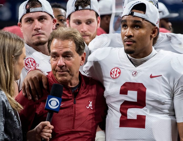 Jalen Hurts and Nick Saban after the SEC Championship Game