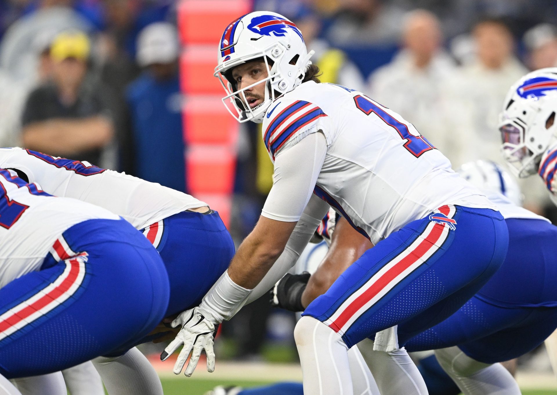 Buffalo Bills quarterback Josh Allen (17) prepares to take the snap during the first quarter against the Indianapolis Colts at Lucas Oil Stadium.