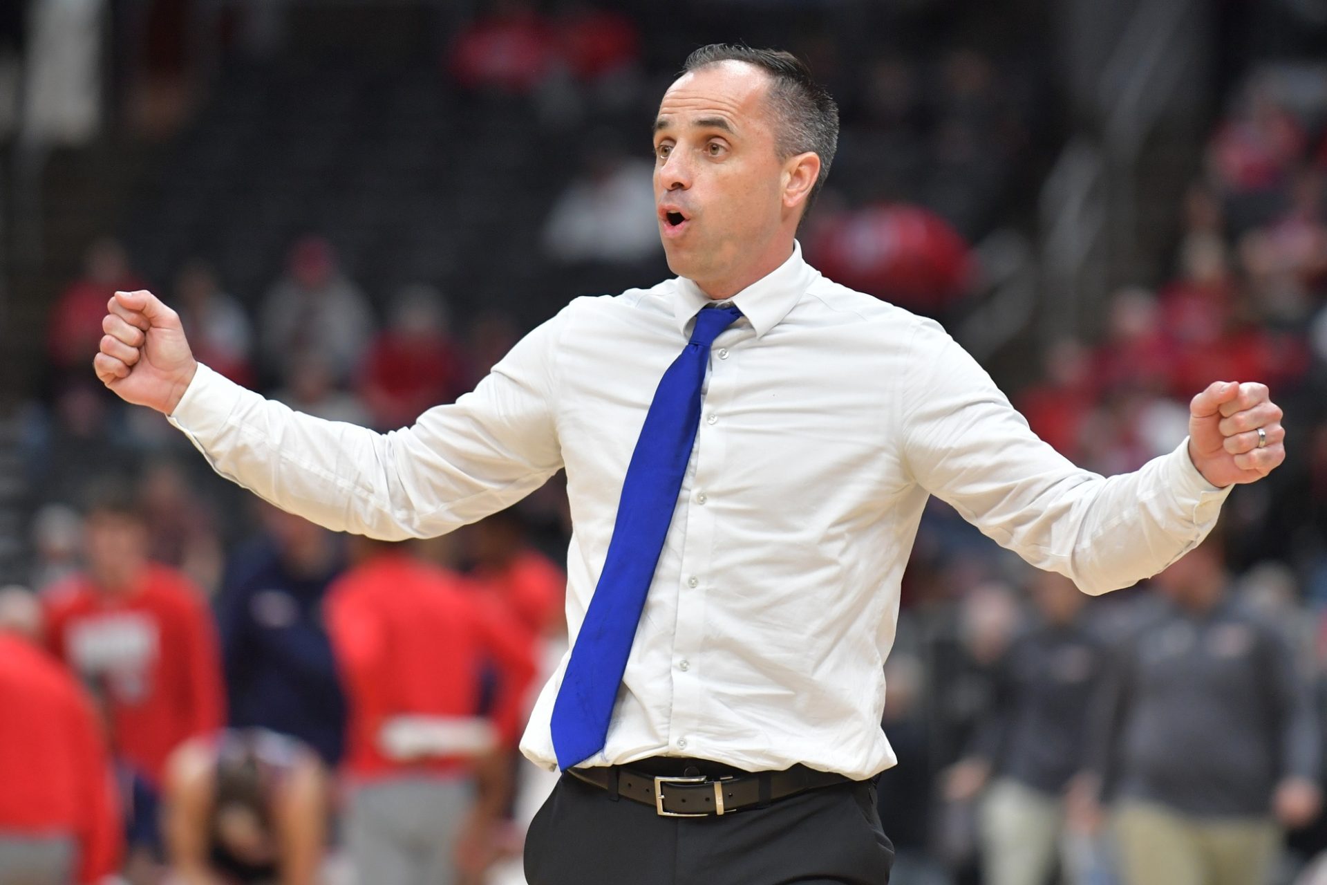 Drake Bulldogs head coach Ben McCollum reacts during the second half against Belmont at Enterprise Center.