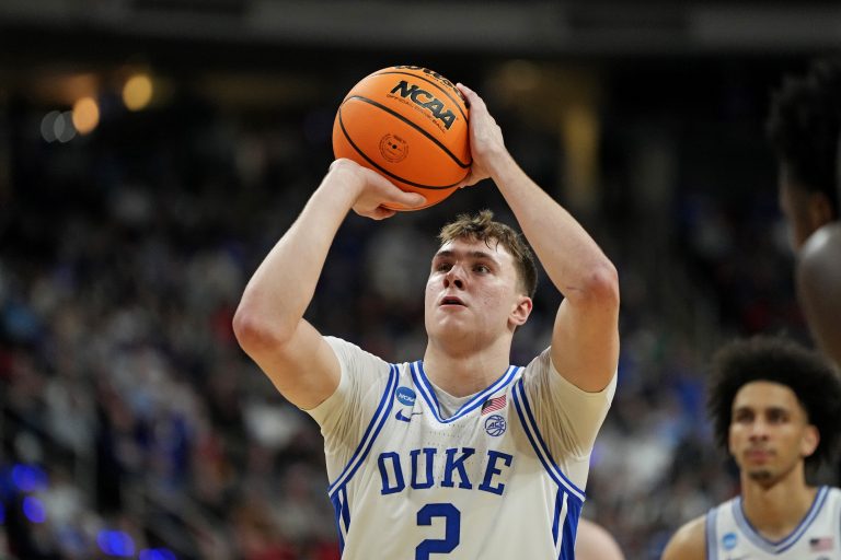 Duke Blue Devils forward Cooper Flagg (2) shoots the ball during the first half against the Baylor Bears in the second round of the NCAA Tournament at Lenovo Center.