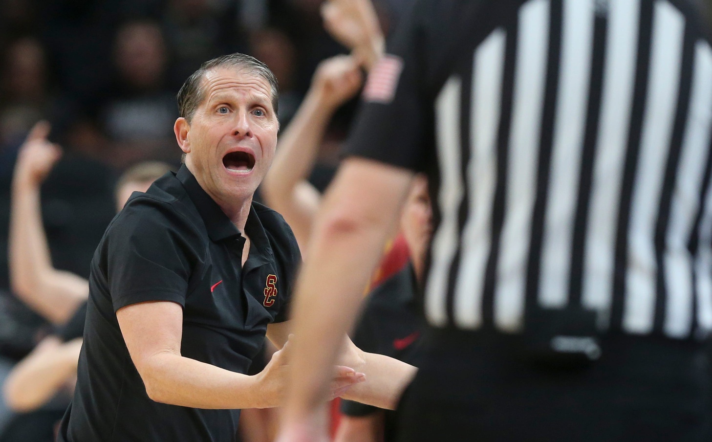 USC Trojans head coach Eric Musselman talks to an official Thursday, March 13, 2025, during the Big Ten Men’s Basketball Tournament game against the Purdue Boilermakers