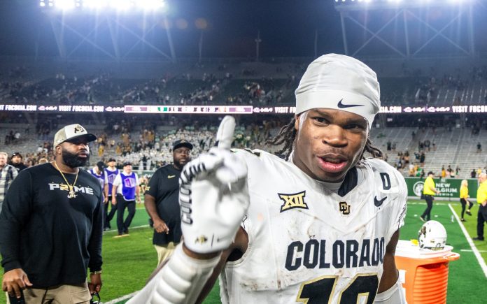 CU football standout athlete Travis Hunter flashes a No. 1 with his finger after a win against CSU in the Rocky Mountain Showdown at Canvas Stadium