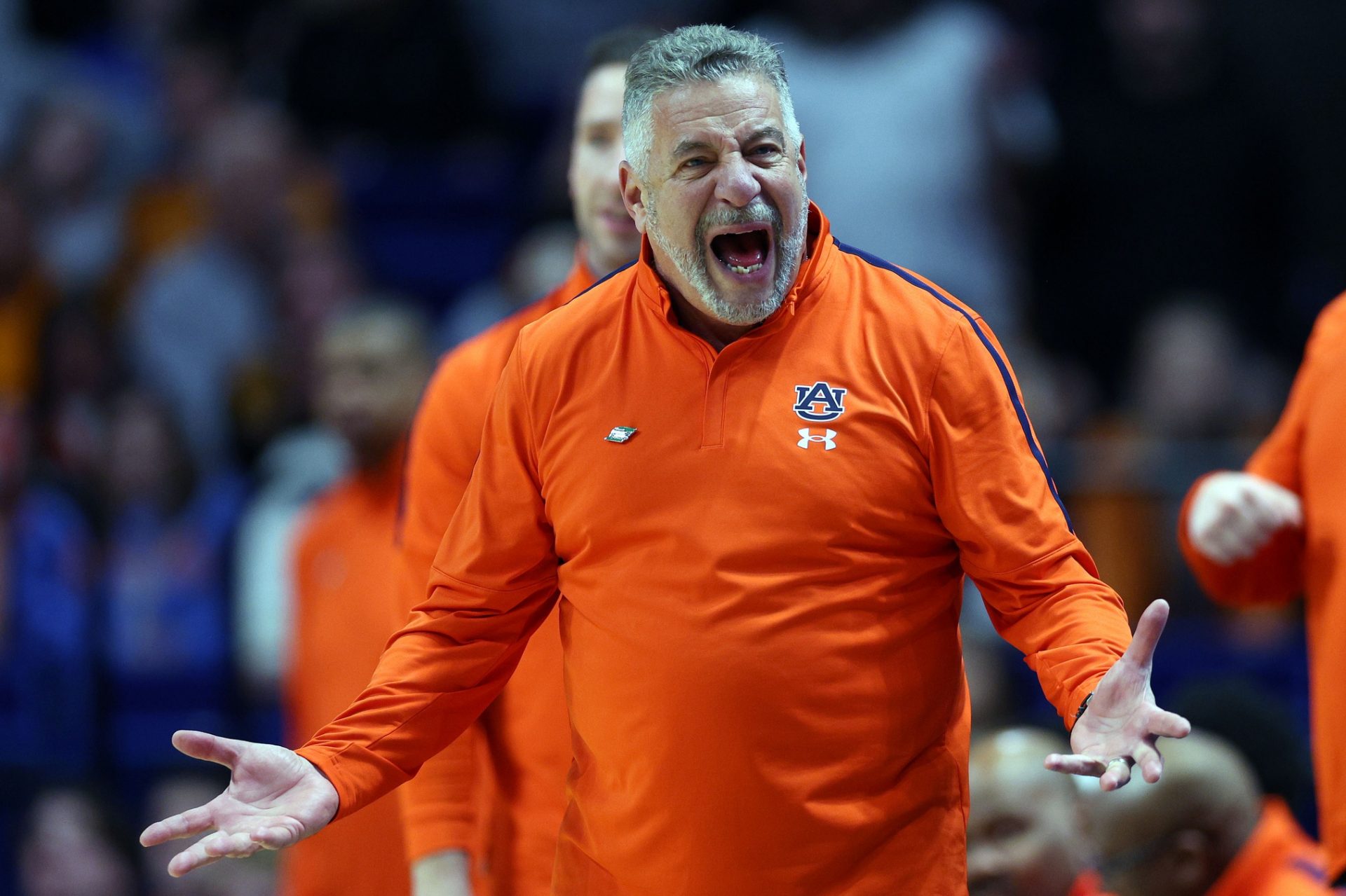 Auburn Tigers head coach Bruce Pearl reacts during the second half against the Creighton Bluejays in the second round to the NCAA Tournament at Rupp Arena.
