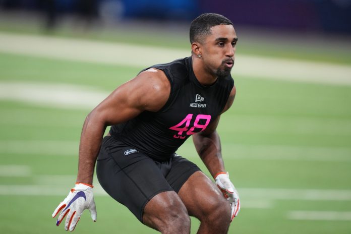 Virginia defensive back Jonas Sanker (DB48) participates in drills during the 2025 NFL Combine at Lucas Oil Stadium.