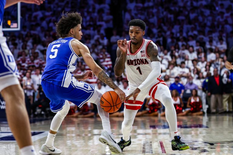 Duke Blue Devils guard Tyrese Proctor (5) steals the ball from Arizona Wildcats guard Caleb Love (1) during the second half at McKale Center.