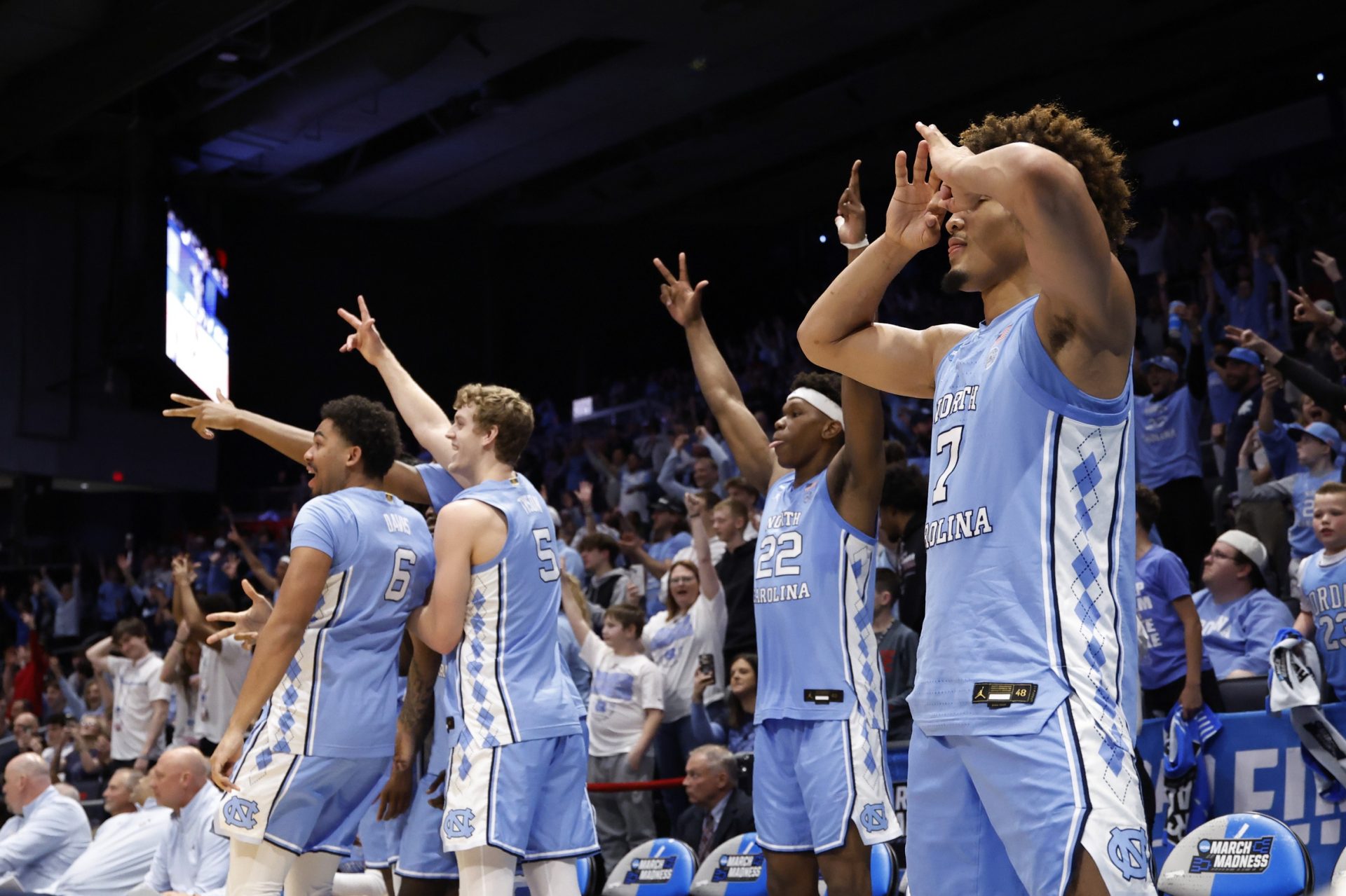 The North Carolina Tar Heels bench celebrate after the game against the San Diego State Aztecs at UD Arena.