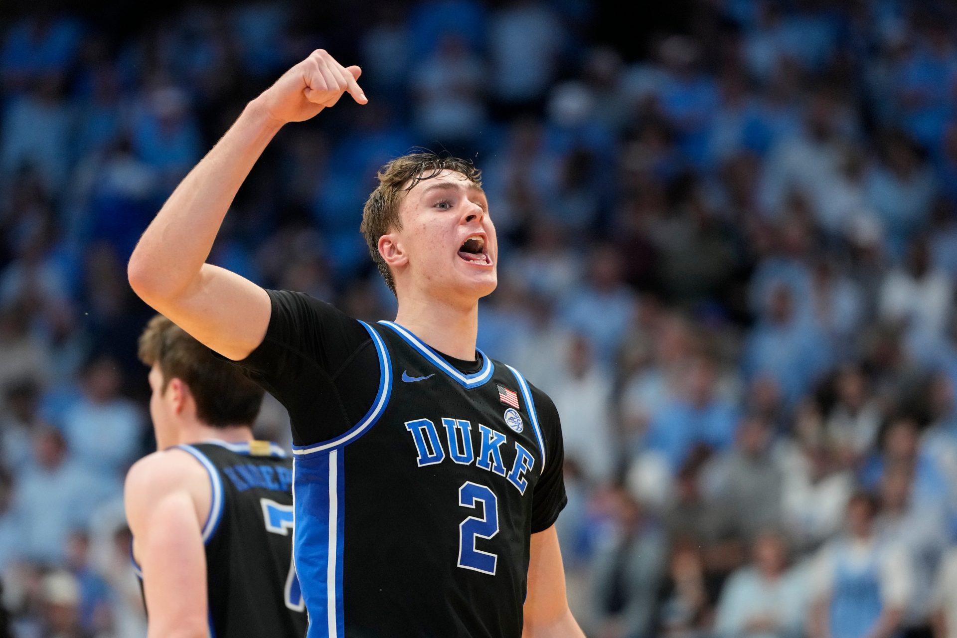 Duke Blue Devils forward Cooper Flagg (2) reacts in the second half at Dean E. Smith Center.