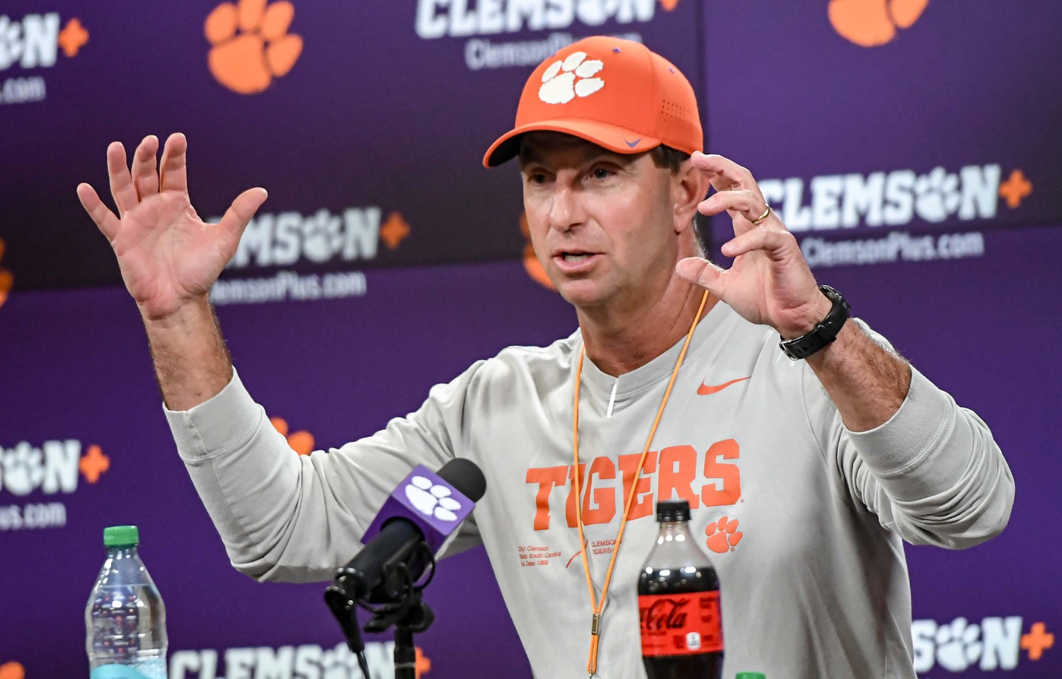 Clemson football head coach Dabo Swinney talks with media before the first football practice at the Allen N. Reeves Football Complex at Clemson University