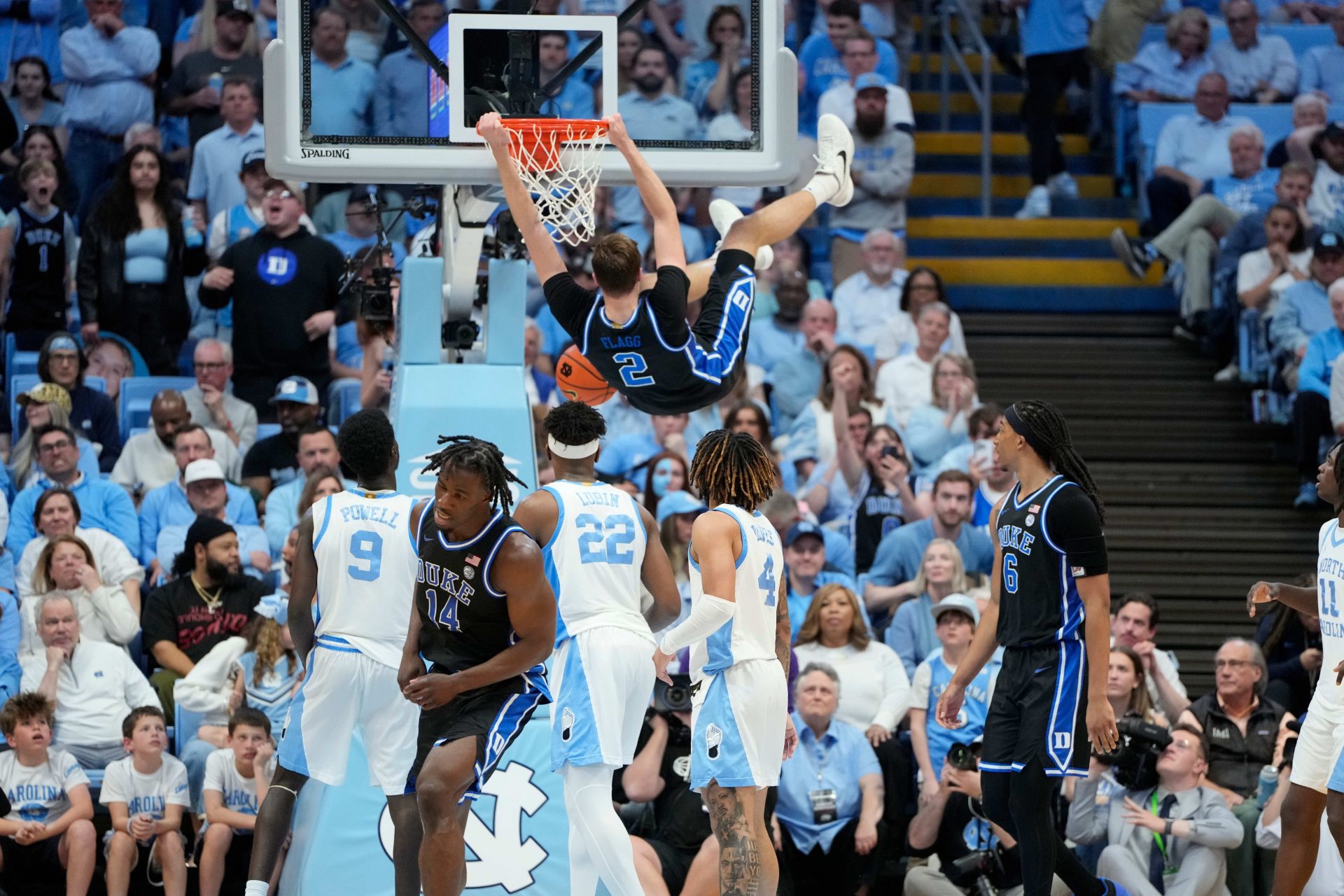 Duke Blue Devils forward Cooper Flagg (2) scores in the second half at Dean E. Smith Center.