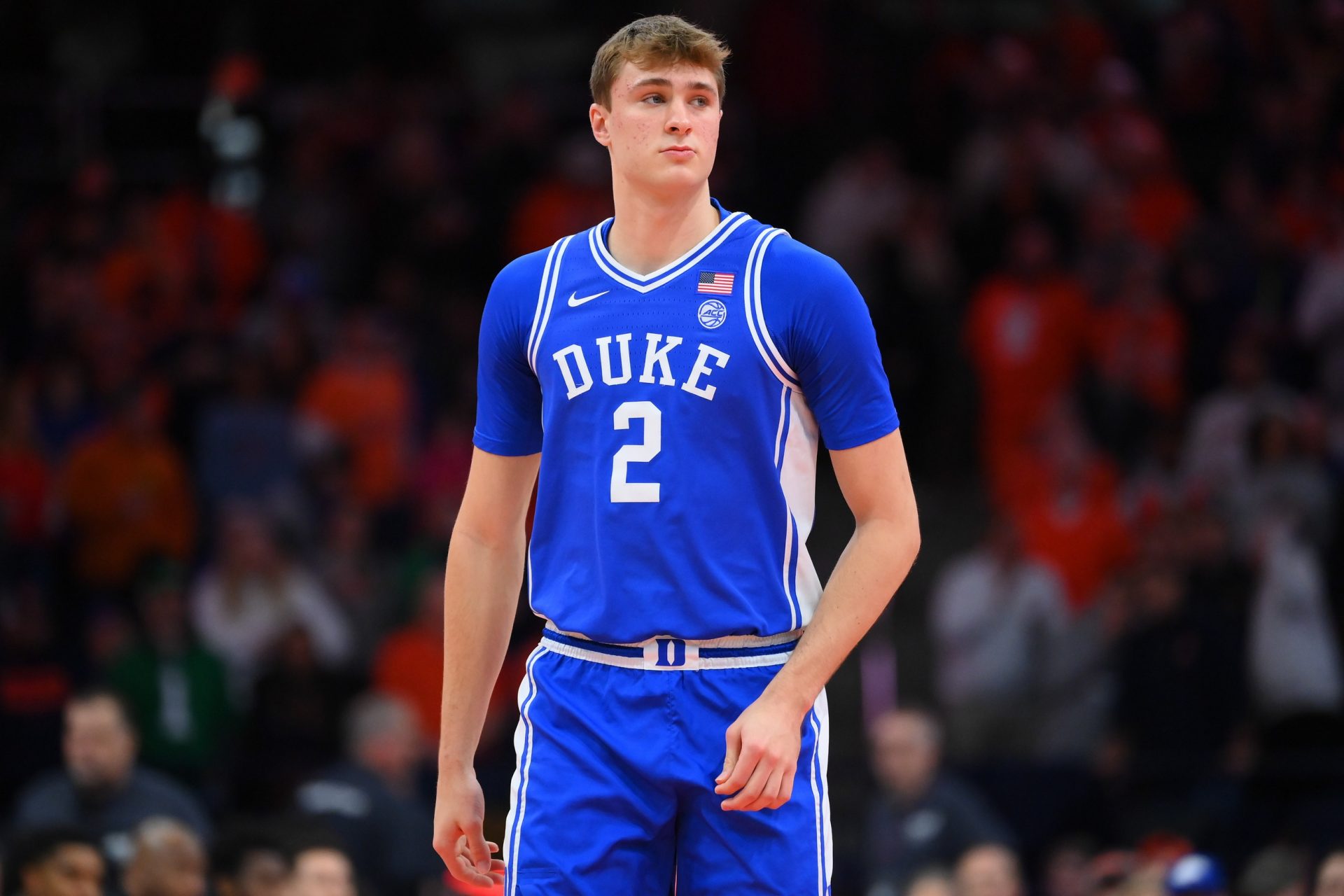 Duke Blue Devils guard Cooper Flagg (2) looks on prior to the game against the Syracuse Orange at the JMA Wireless Dome.