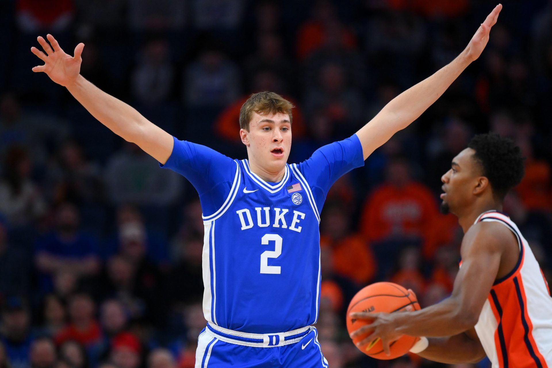 Duke Blue Devils guard Cooper Flagg (2) defends Syracuse Orange guard J.J. Starling (2) during the first half at the JMA Wireless Dome.