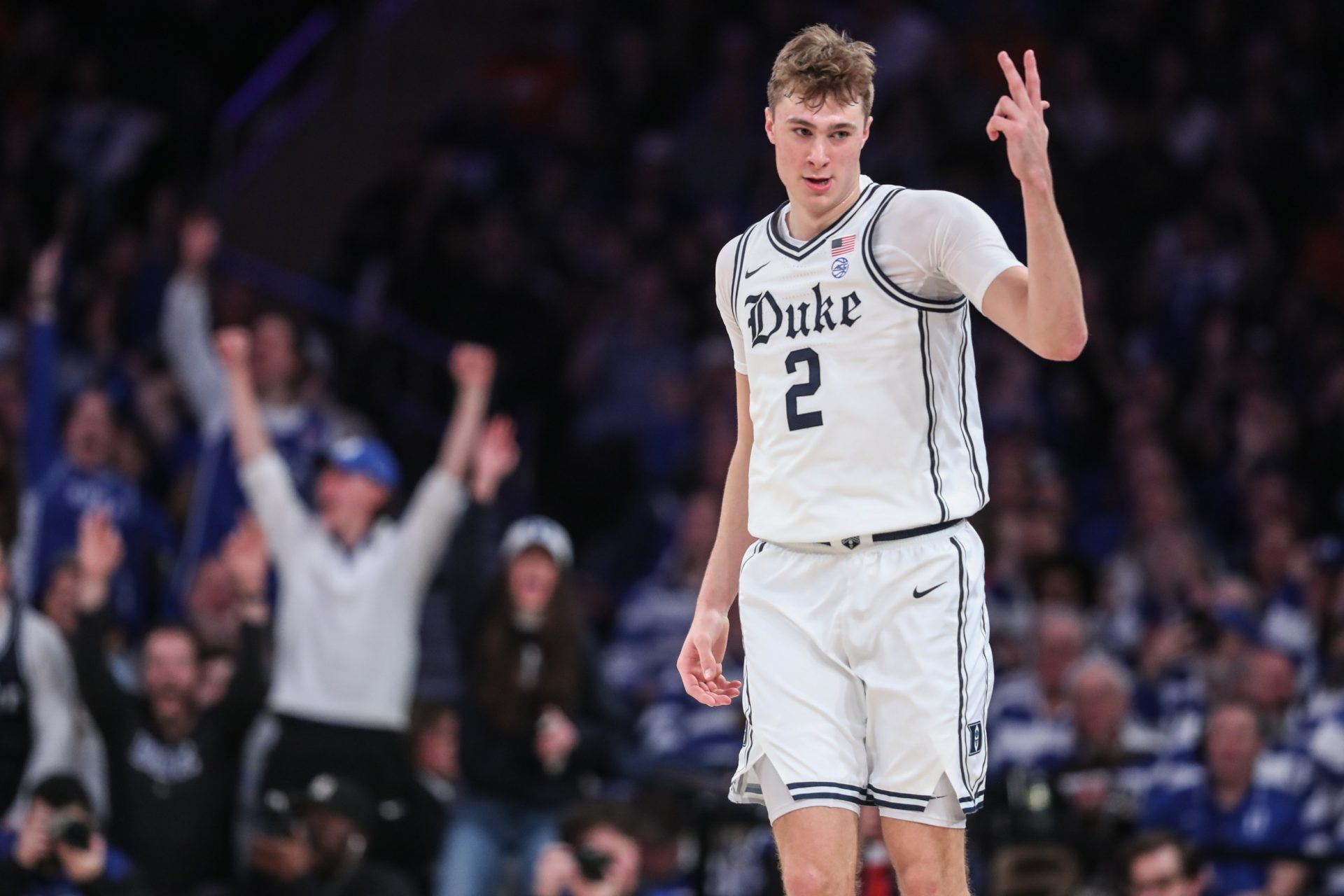 Duke Blue Devils guard Cooper Flagg (2) gestures after making a three-point shot in the second half against the Illinois Fighting Illini at Madison Square Garden.