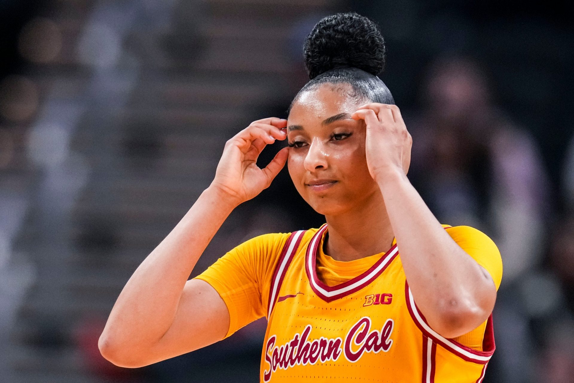 USC Trojans guard JuJu Watkins (12) reacts to the cation Saturday, March 8, 2025, in a semifinals game at the 2025 TIAA Big Ten Women's Basketball Tournament