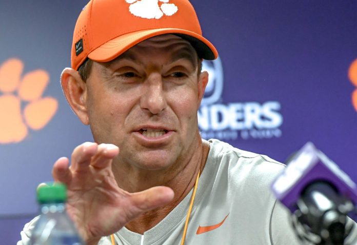 Clemson head coach Dabo Swinney during the first football practice at the Allen N. Reeves Football Complex at Clemson University