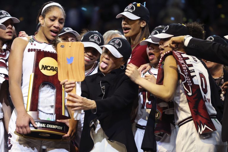 South Carolina Gamecocks forward A'ja Wilson (left) and head coach Dawn Staley takes a twitter selfie after the game against the Mississippi State Lady Bulldogs in the 2017 Women's Final Four championship at American Airlines Center.