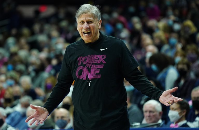 DePaul Blue Demons head coach Doug Bruno reacts from the sideline against the UConn Huskies in the second half at Harry A. Gampel Pavilion.