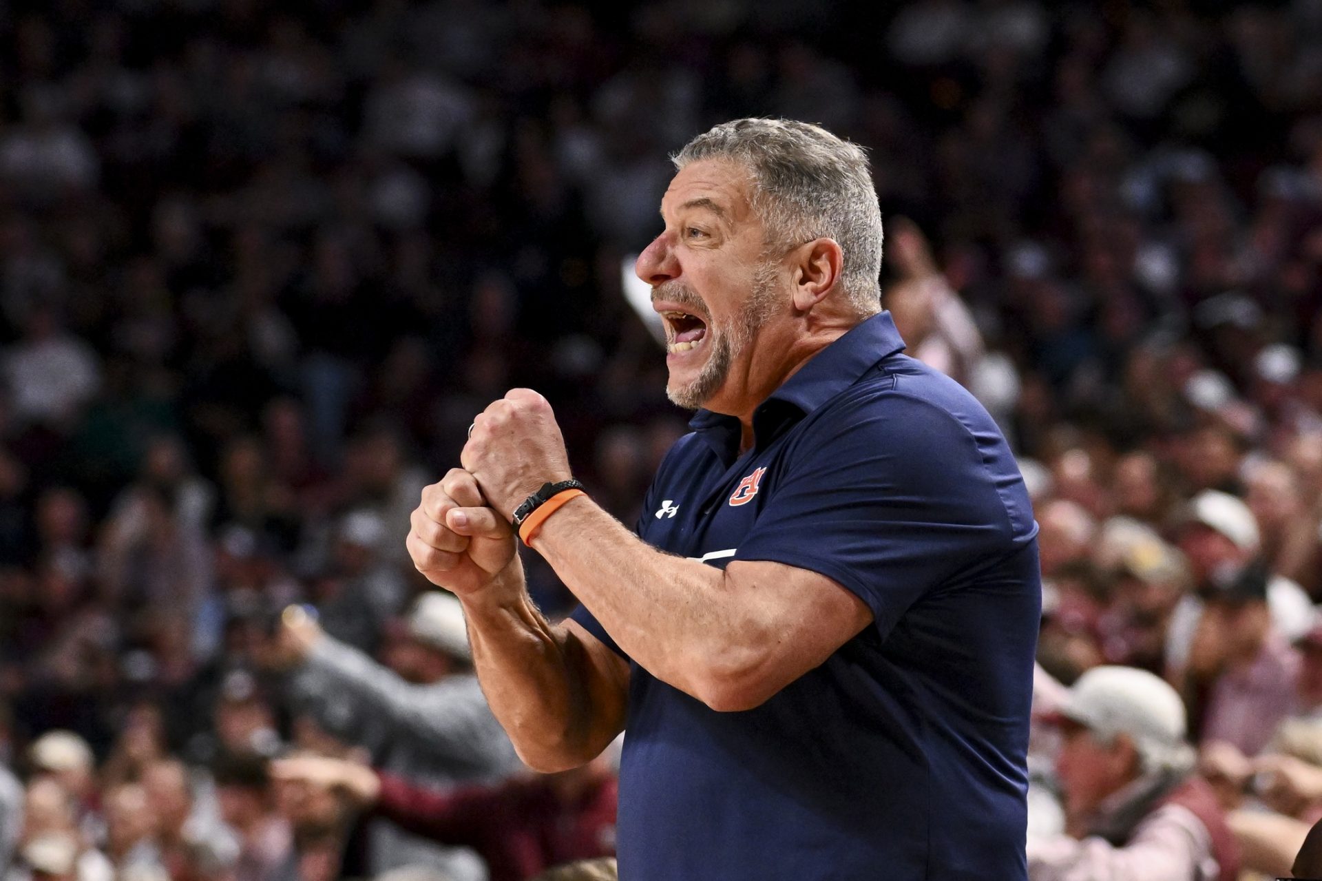 Auburn Tigers head coach Bruce Pearl reacts during the second half against the Texas A&M Aggies at Reed Arena.