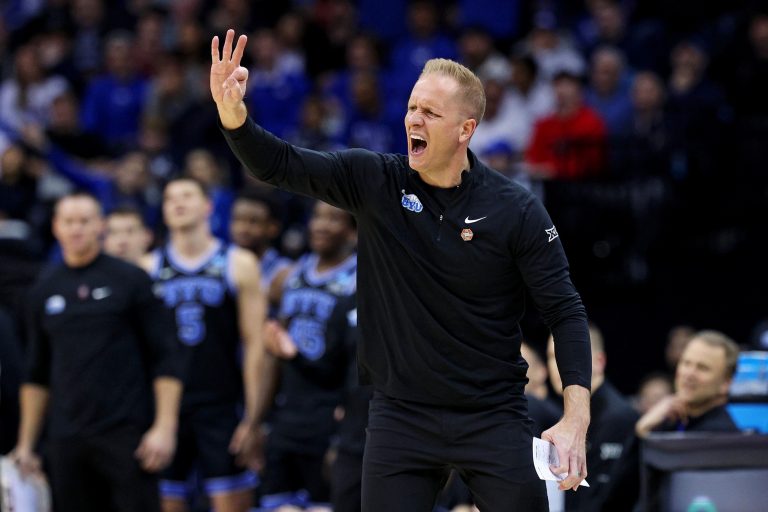 Brigham Young Cougars head coach Kevin Young calls to his team during the second half against the Alabama Crimson Tide during an East Regional semifinal of the 2025 NCAA tournament at Prudential Center.