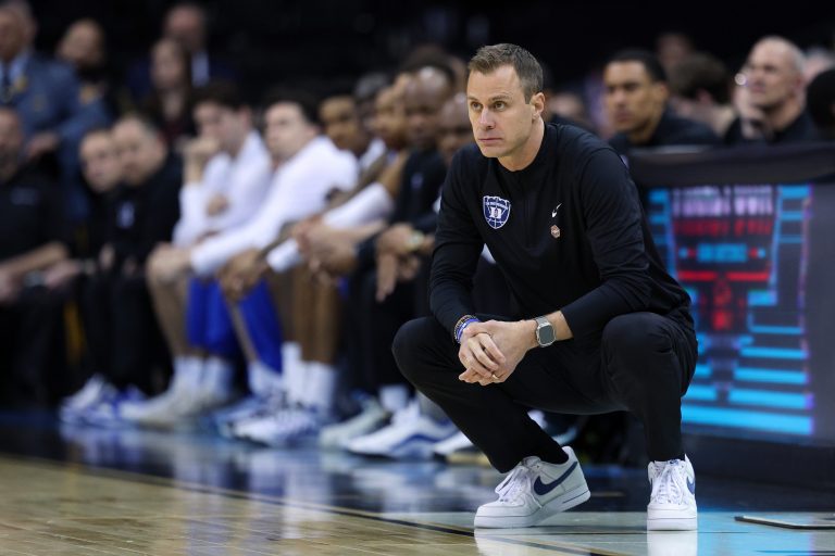Duke Blue Devils head coach Jon Scheyer during the first half against the Arizona Wildcats during an East Regional semifinal of the 2025 NCAA tournament at Prudential Center.