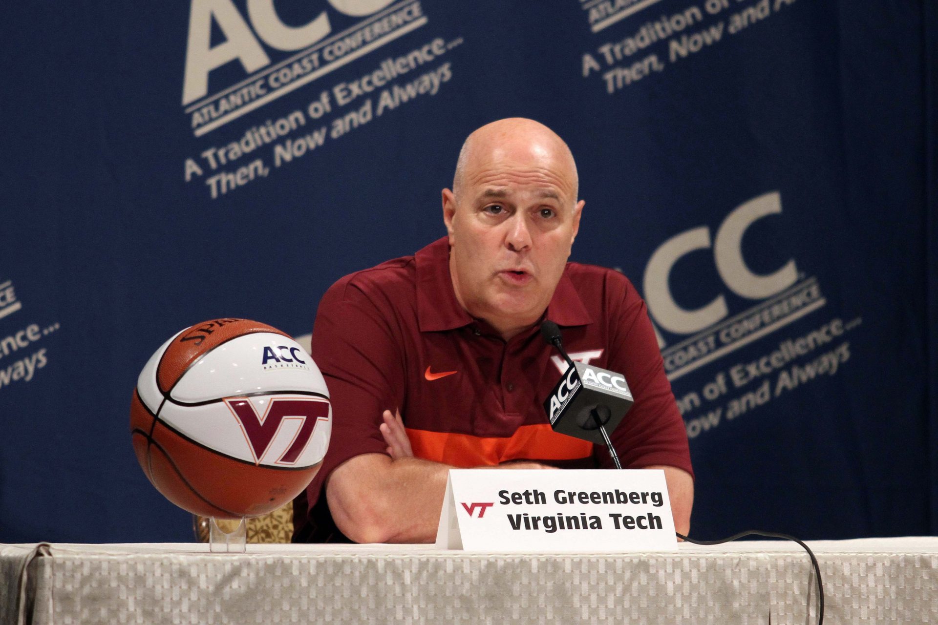 Virginia Tech Hokies head coach Seth Greenburg speaks during the ACC media day held at the Ritz Carlton.