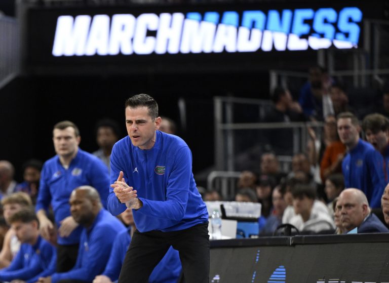 Florida Gators head coach Todd Golden watches play downcourt during the second half against the Maryland Terrapins during a West Regional semifinal of the 2025 NCAA tournament at Chase Center.