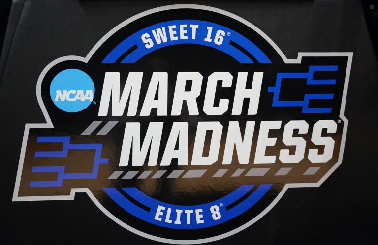 The March Madness logo is seen during the NCAA tournament midwest regional practice day at Lucas Oil Stadium.