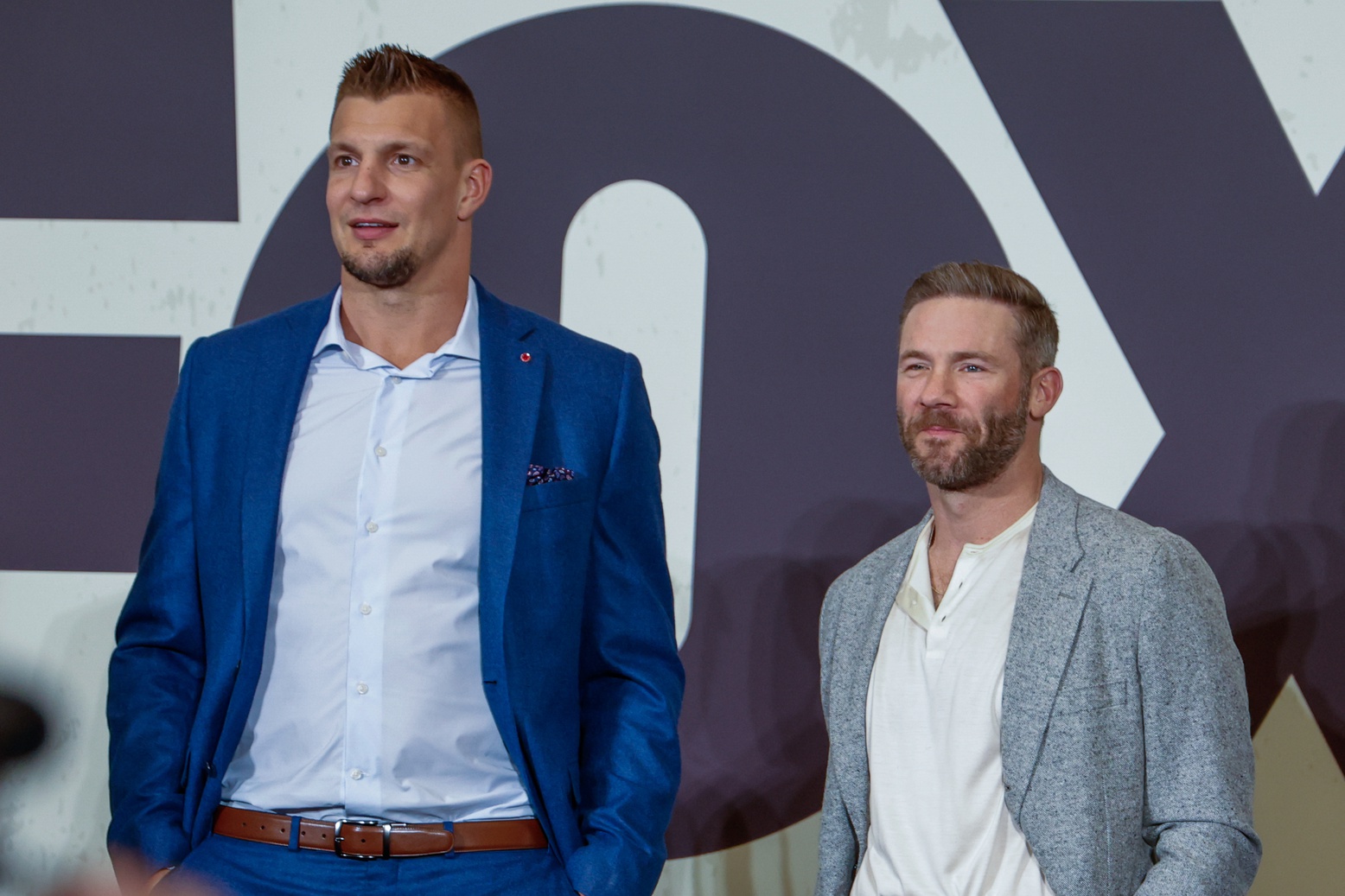 Fox NFL analyst Rob Gronkowski and kickoff analyst Julian Edelman during a Fox Sports media party in advance of Super Bowl LIX at Convention Center.