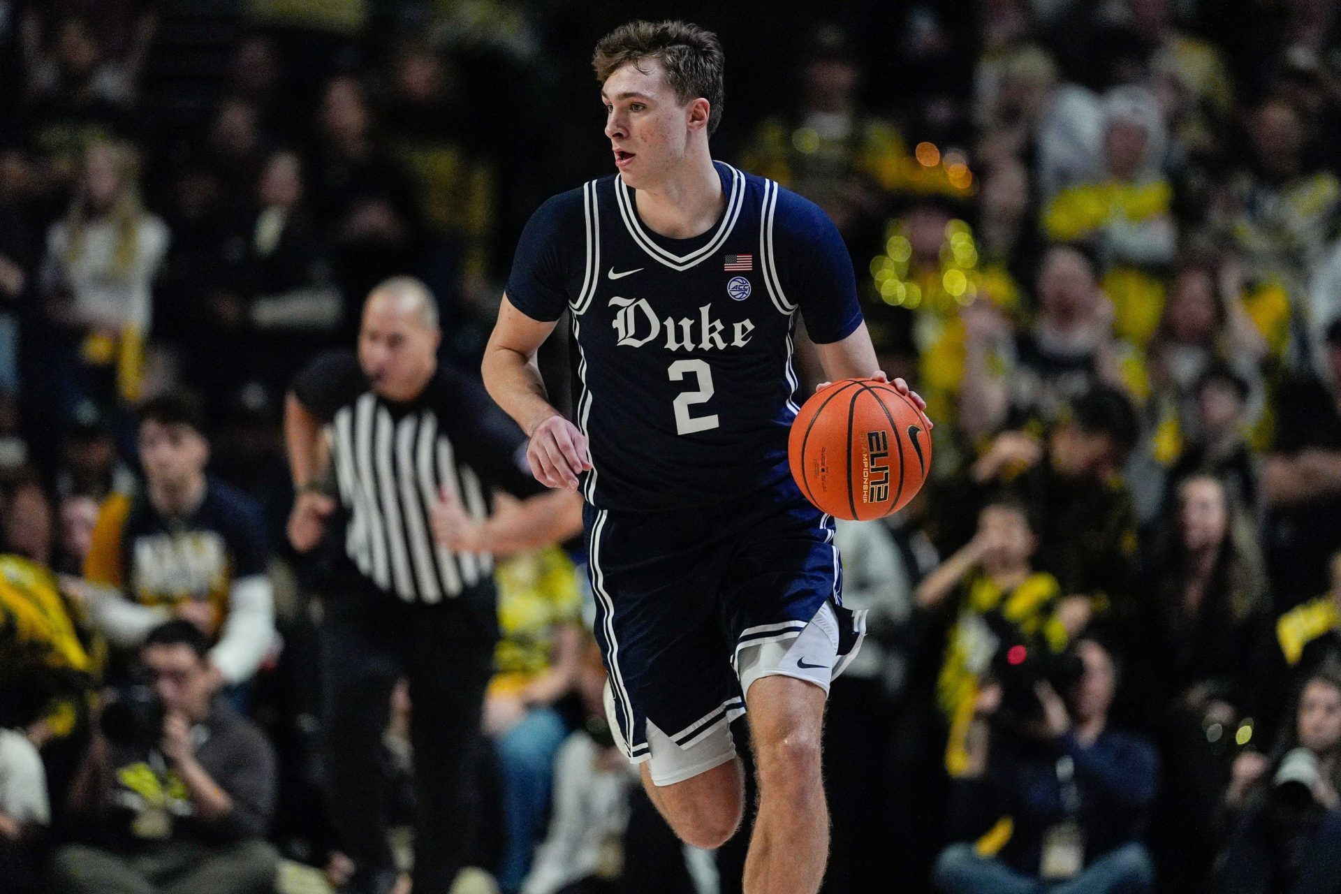 Duke Blue Devils guard Cooper Flagg (2) handles the ball against the Wake Forest Demon Deacons during the second half at Lawrence Joel Veterans Memorial Coliseum.