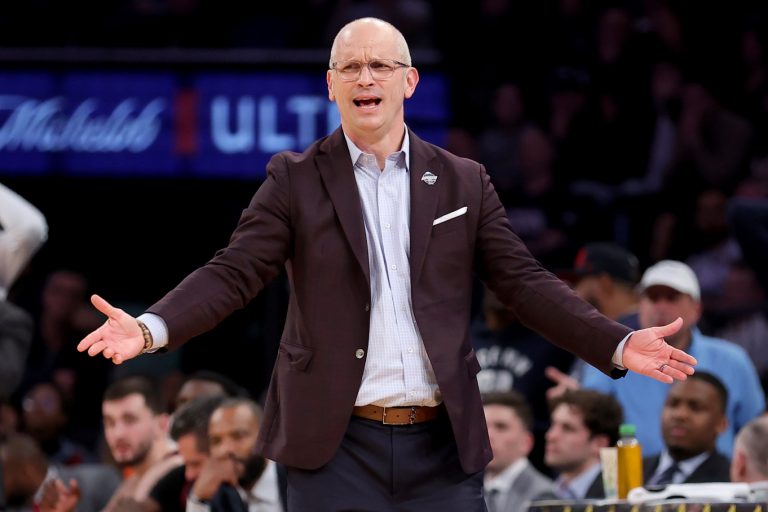 Connecticut Huskies head coach Dan Hurley reacts during the second half against the Creighton Bluejays at Madison Square Garden.