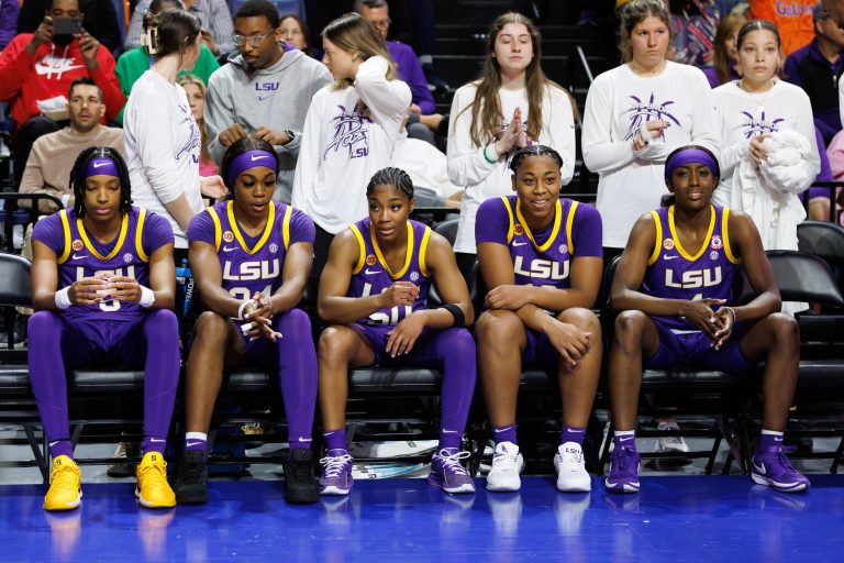 SU Tigers forward Sa'Myah Smith (5), LSU Tigers guard Aneesah Morrow (24), LSU Tigers guard Shayeann Day-Wilson (50), LSU Tigers guard Mikaylah Williams (12) and LSU Tigers guard Flau'Jae Johnson (4) wait to be introduced before a game against the Florida Gators at Exactech Arena at the Stephen C. O'Connell Center.