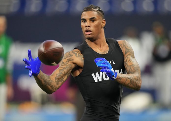 Florida State wide receiver Keon Coleman (WO04) during the 2024 NFL Combine at Lucas Oil Stadium.