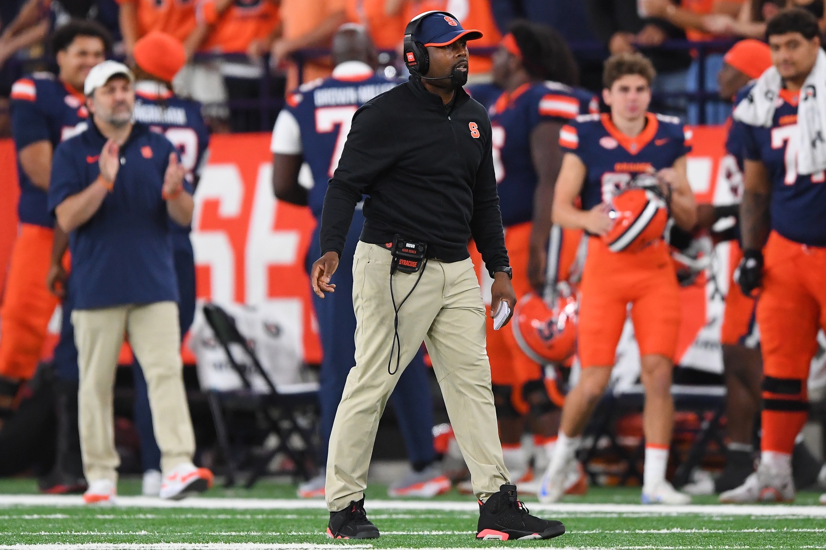 Syracuse Orange head coach Fran Brown looks on against the Stanford Cardinal during the second half at the JMA Wireless Dome.