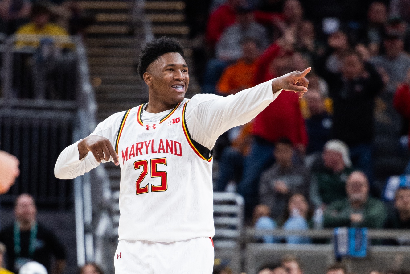 Maryland Terrapins center Derik Queen (25) celebrates a made basket in the second half against the Michigan Wolverines at Gainbridge Fieldhouse