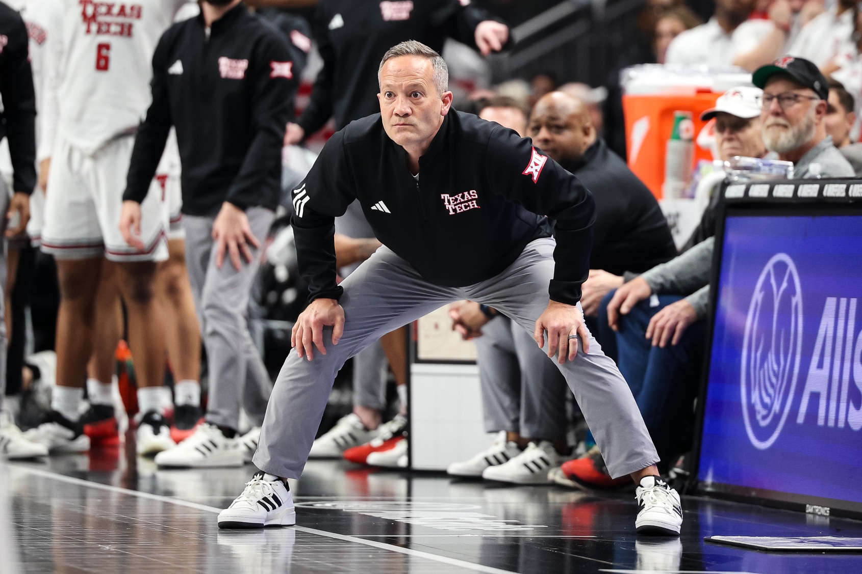 Texas Tech Red Raiders coach Grant McCasland watches game play during the second half against the Arizona Wildcats at T-Mobile Center.