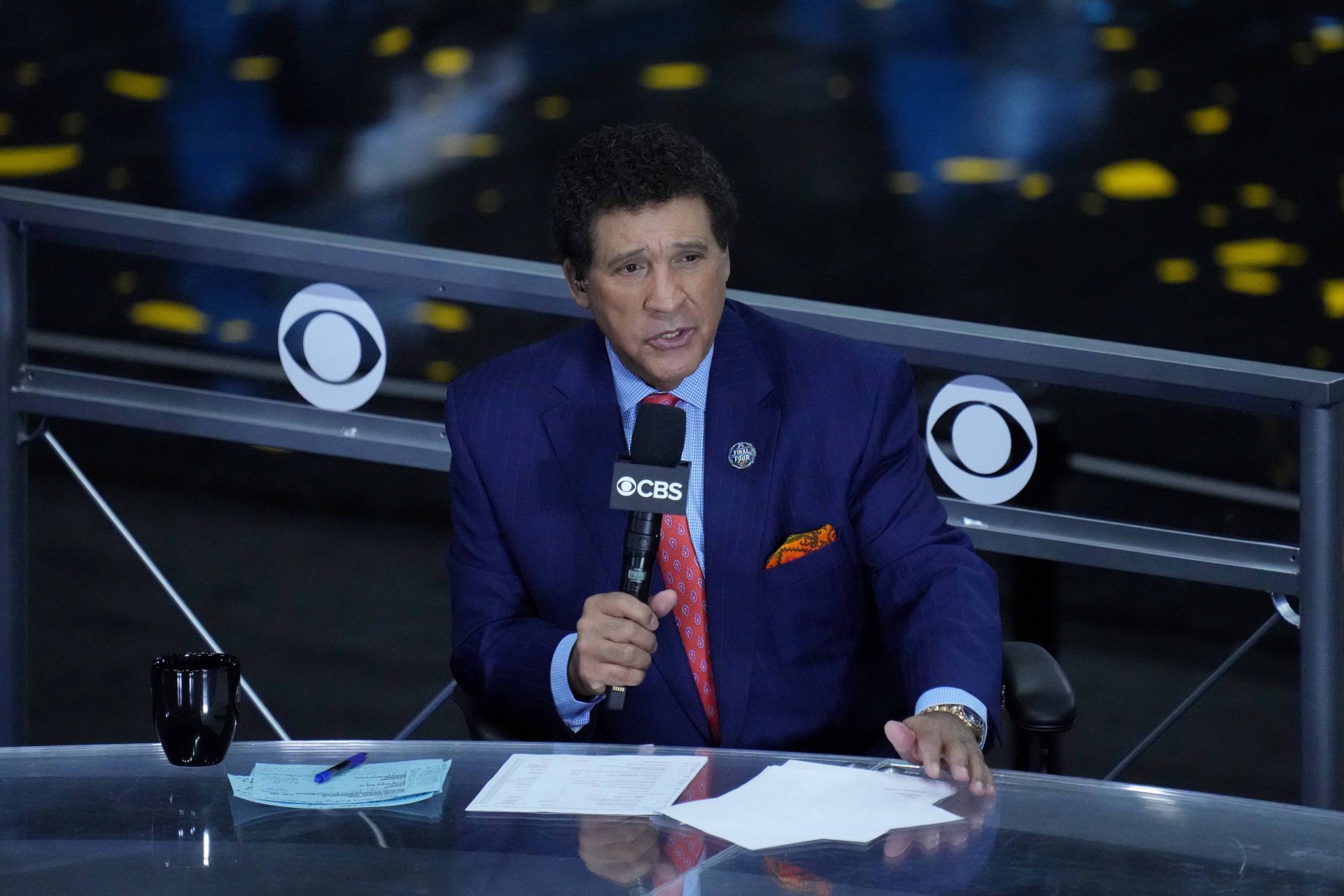 CBS announcer Greg Gumbel prior to the national championship game in the Final Four of the 2021 NCAA Tournament between the Gonzaga Bulldogs and the Baylor Bears at Lucas Oil Stadium.