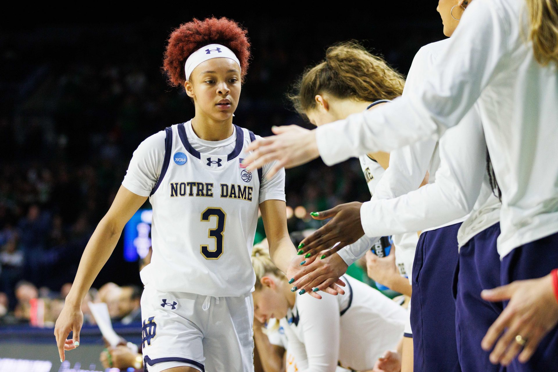 Notre Dame guard Hannah Hidalgo (3) is checked out of the second round of the NCAA Women's Basketball Tournament between Notre Dame and Michigan