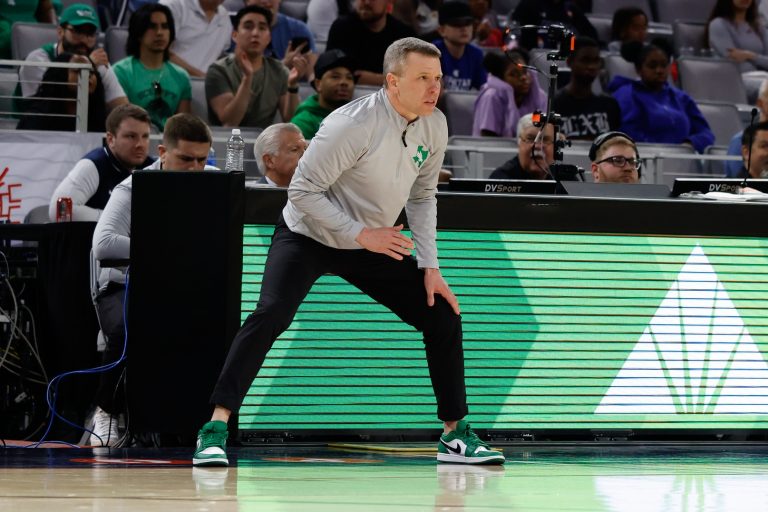 North Texas Mean Green head coach Ross Hodge reacts against the UAB Blazers during the first half at Dickies Arena.