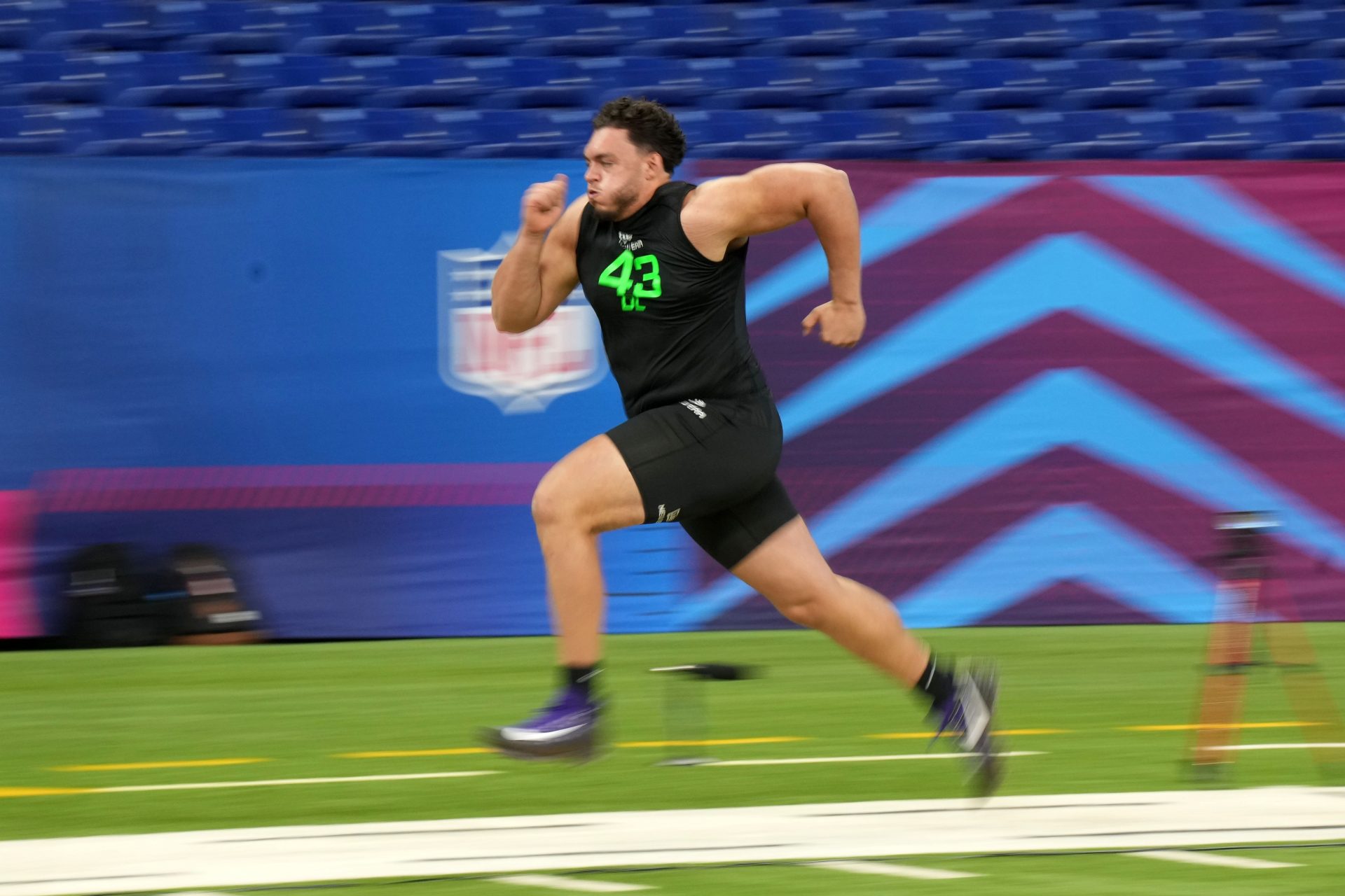 Iowa State offensive lineman Jalen Travis (OL43) during the 2025 NFL Scouting Combine at Lucas Oil Stadium.