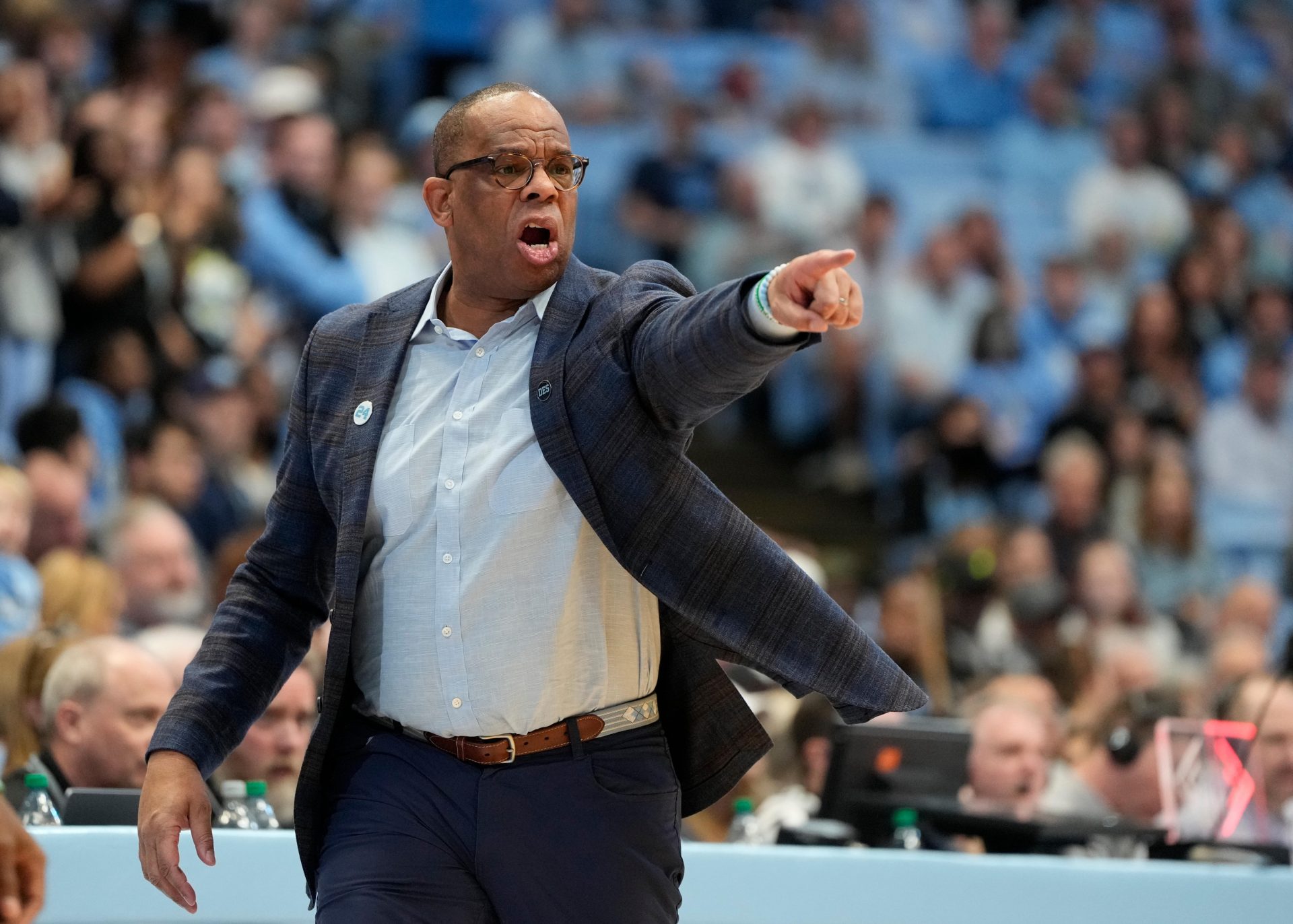 North Carolina Tar Heels head coach Hubert Davis reacts in the first half at Dean E. Smith Center.