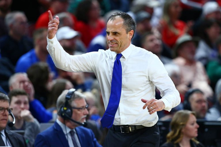 Drake Bulldogs head coach Ben McCollum reacts after a play against the Texas Tech Red Raiders during the first half at Intrust Bank Arena.