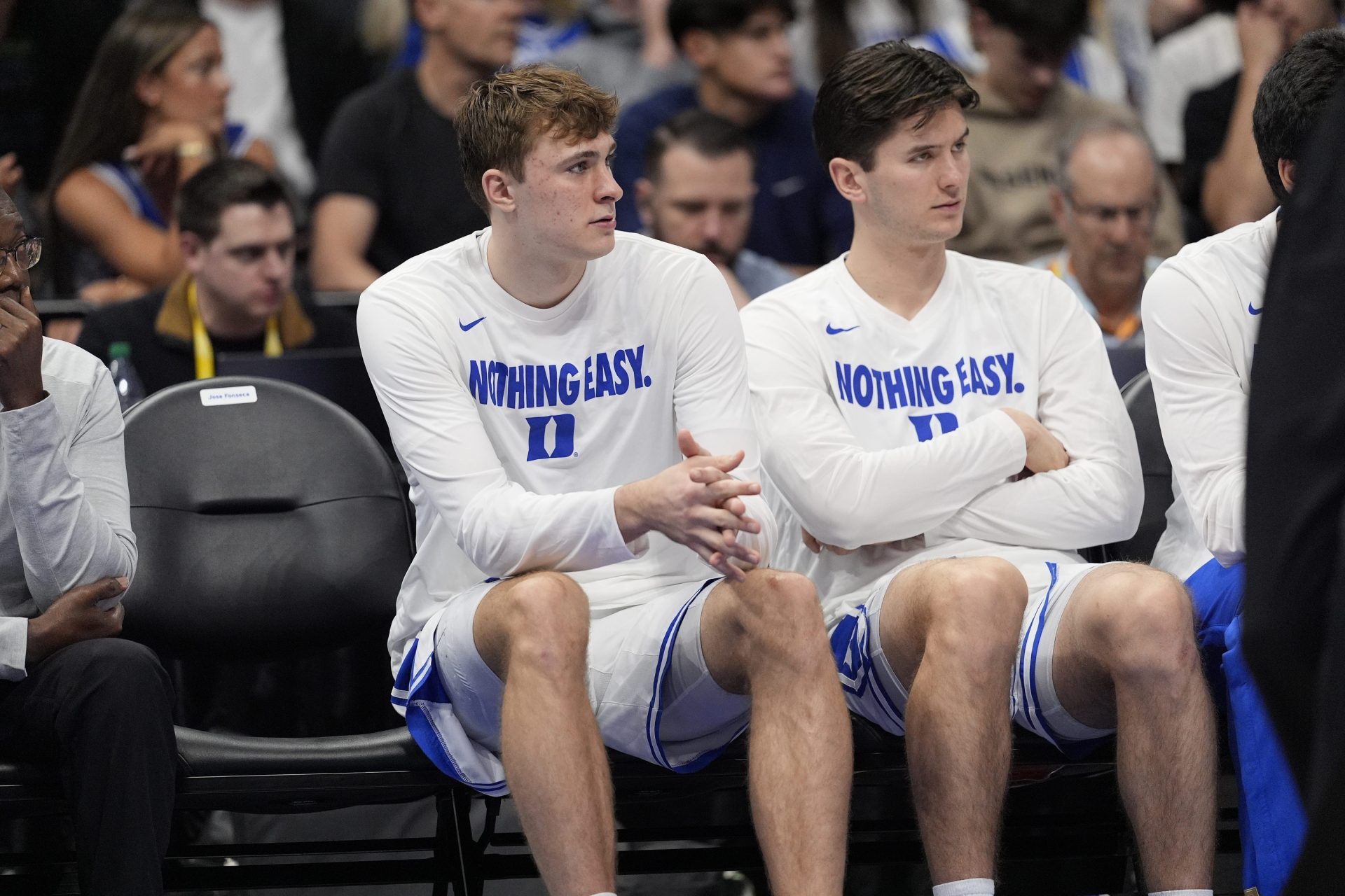 Duke Blue Devils forward Cooper Flagg (2) sits on the bench after an ankle injury in the first half during the second half against the Georgia Tech Yellow Jackets at Spectrum Center.