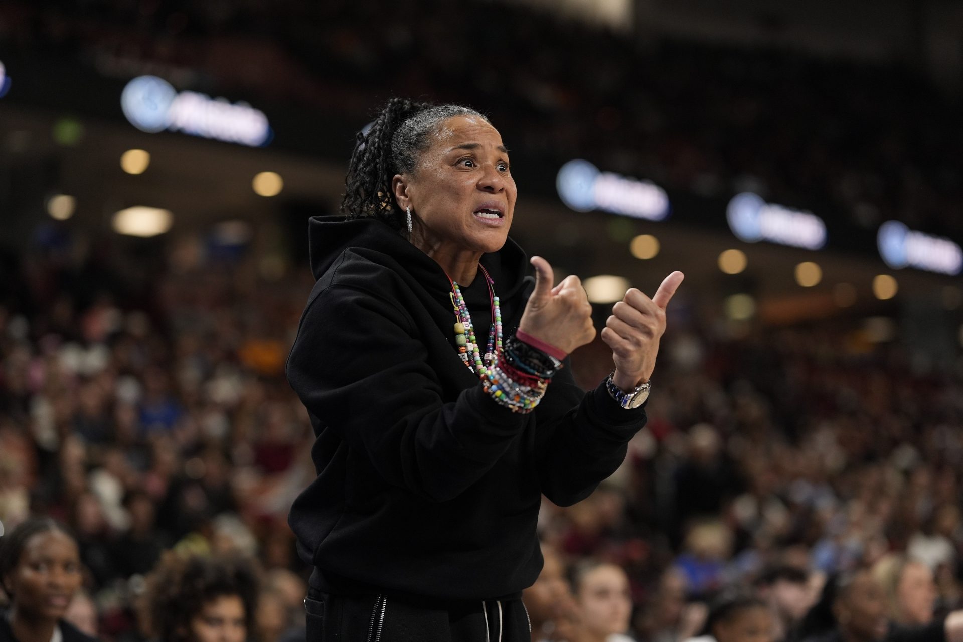 South Carolina Gamecocks head coach Dawn Staley pleads her case for a jump ball against the Texas Longhorns during the first half at Bon Secours Wellness Arena.