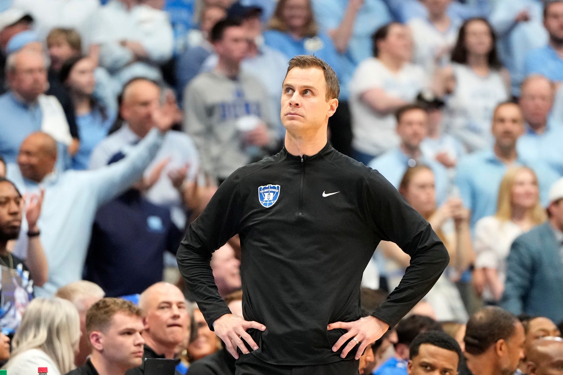 Duke Blue Devils head coach Jon Scheyer reacts in the second half at Dean E. Smith Center.