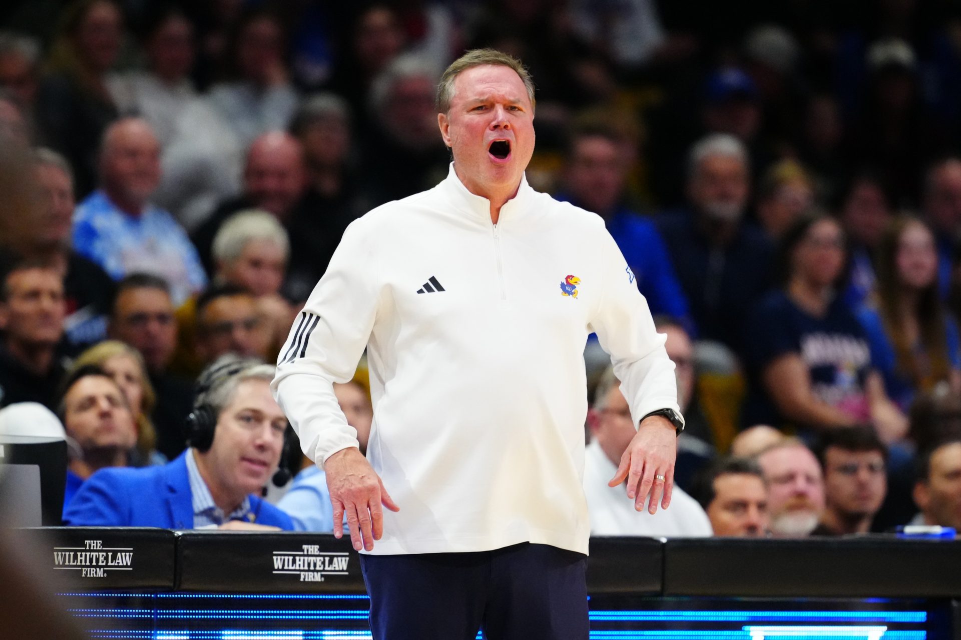 Kansas Jayhawks head coach Bill Self calls out in the first half against the Colorado Buffaloes at the CU Events Center.