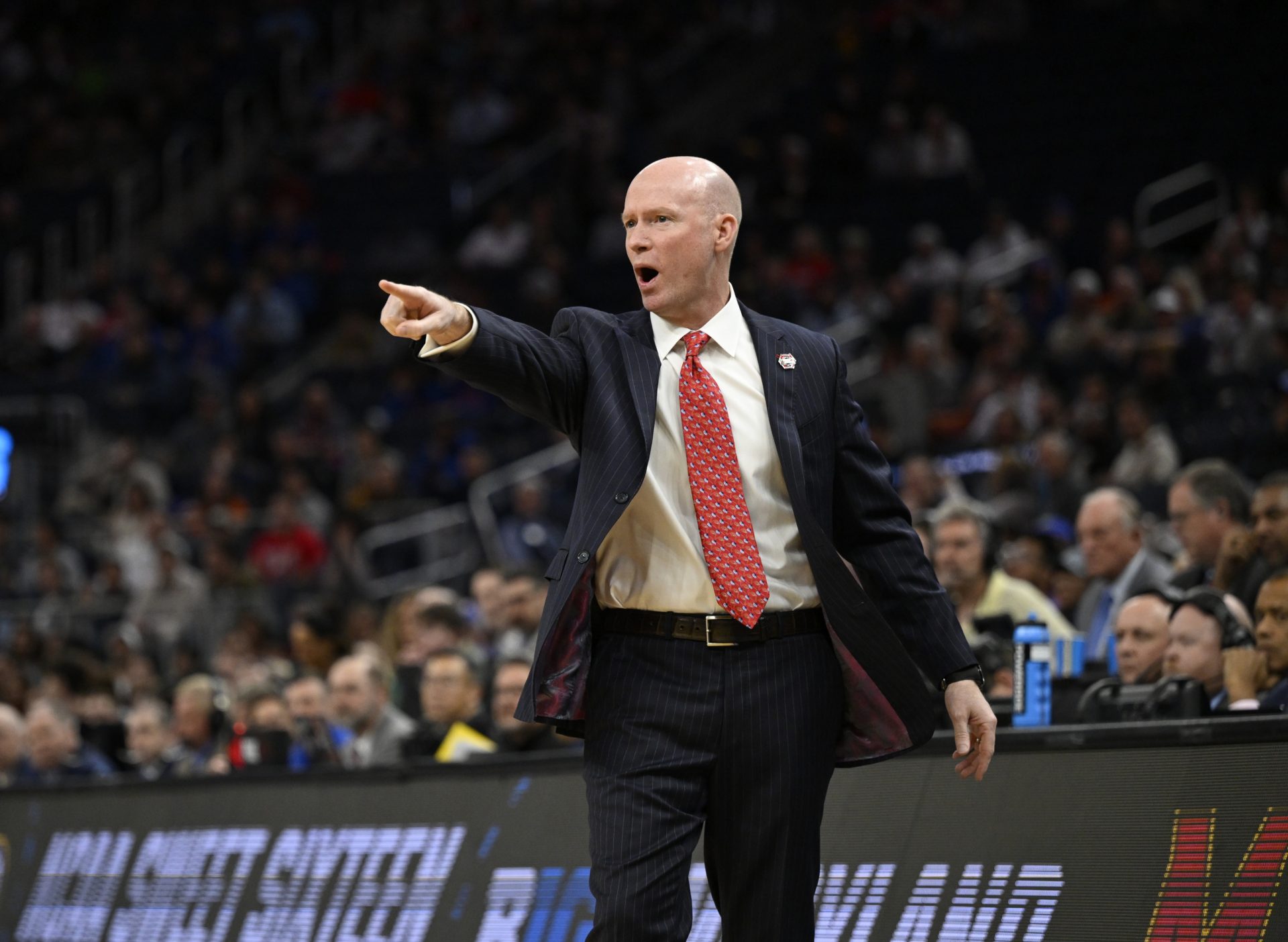 Maryland Terrapins head coach Kevin Willard shouts during play during the first half against the Florida Gators during a West Regional semifinal of the 2025 NCAA tournament at Chase Center.