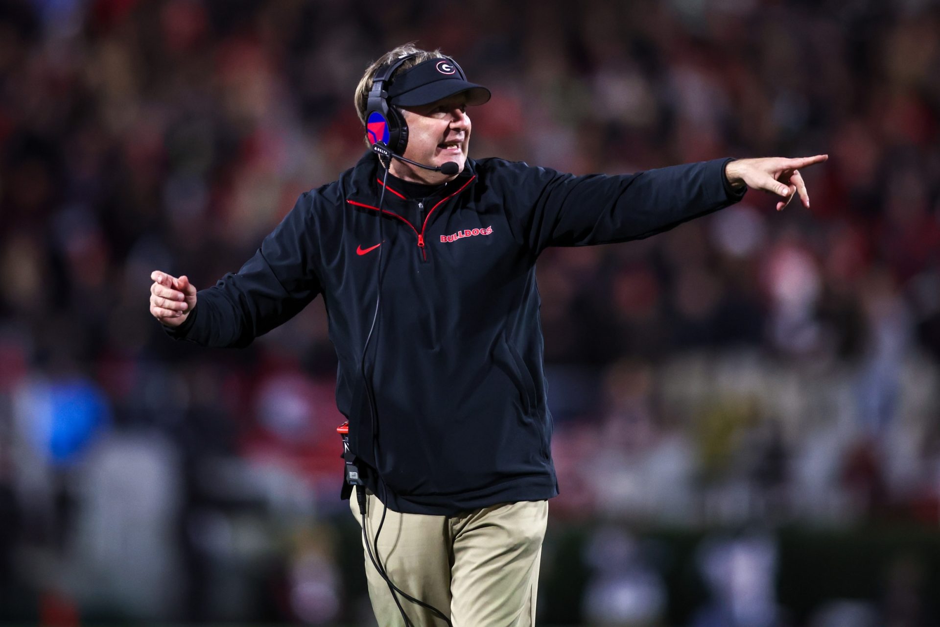 Georgia Bulldogs head coach Kirby Smart on the sideline against the Georgia Tech Yellow Jackets in the second quarter at Sanford Stadium.