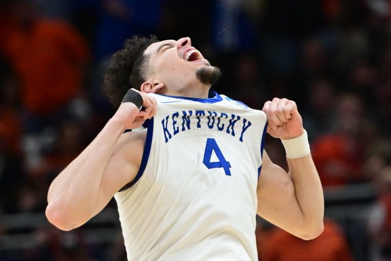 Kentucky Wildcats guard Koby Brea (4) reacts after defeating the Illinois Fighting Illini in the second round of the NCAA Tournament at Fiserv Forum.