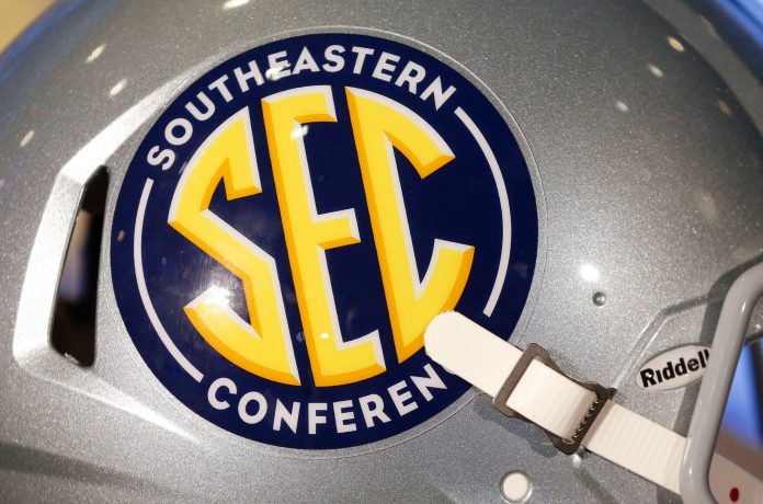 SEC logo seen during SEC Media Days at the Hyatt Regency in Hoover, Ala., Monday, July 19, 2021.