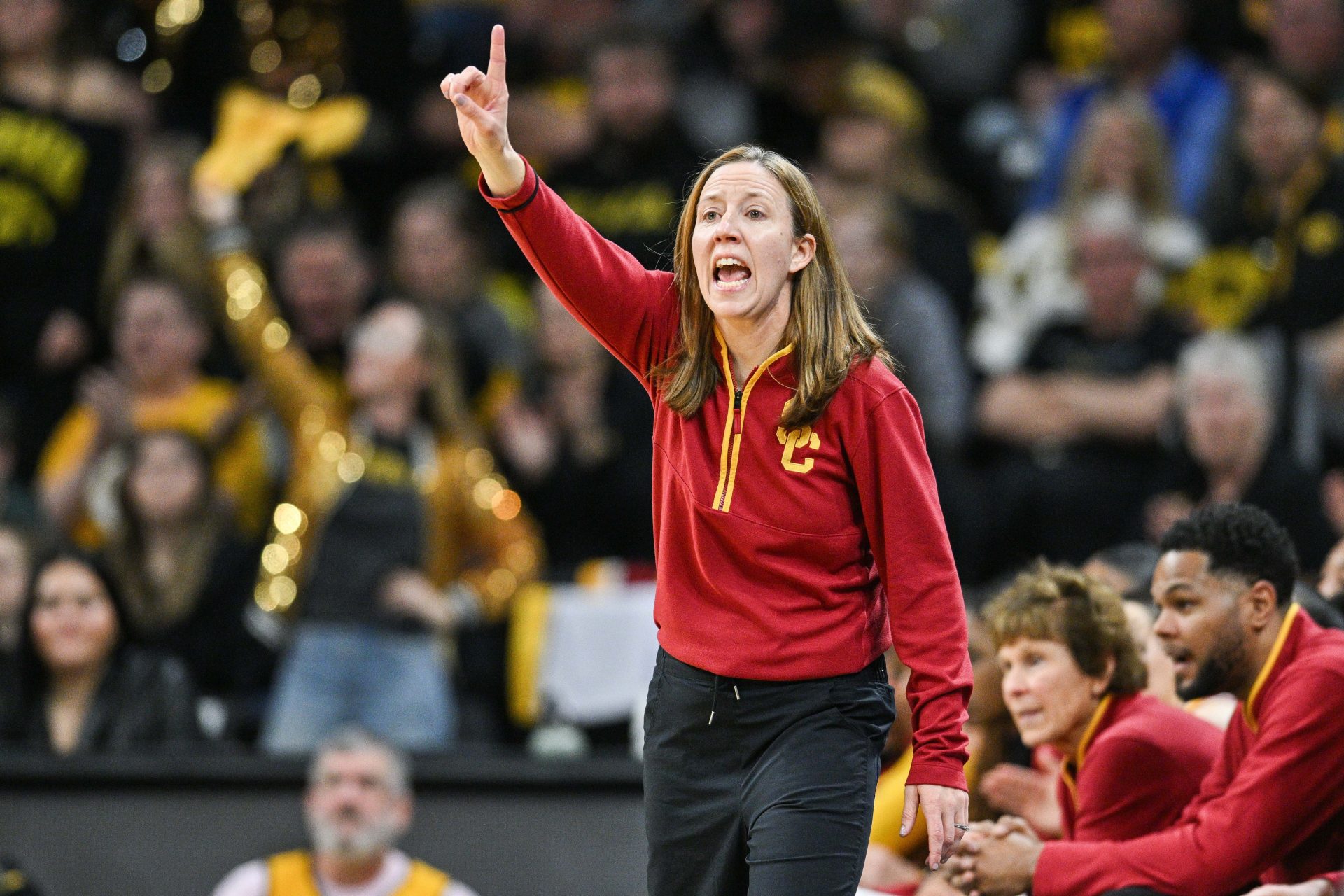 USC Trojans head coach Lindsay Gottlieb reacts during the fourth quarter against the Iowa Hawkeyes at Carver-Hawkeye Arena.