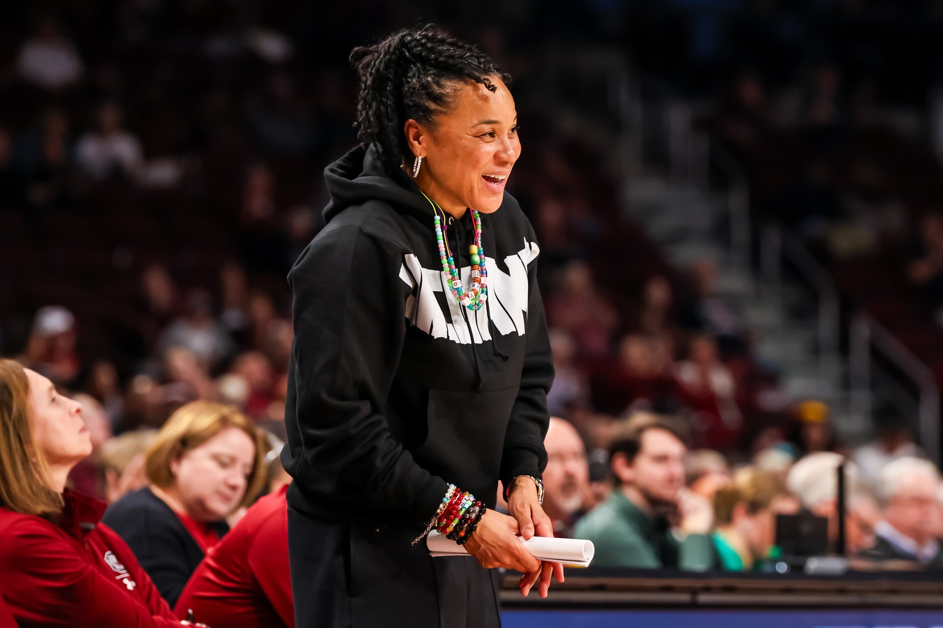 South Carolina Gamecocks head coach Dawn Staley directs her team against the Charleston Southern Buccaneers in the second half at Colonial Life Arena.